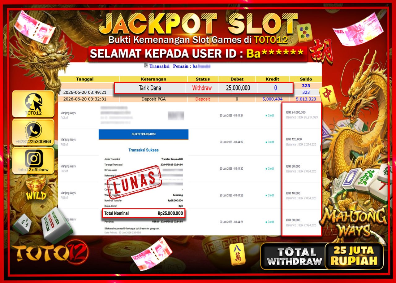 HANYA DI TOTO12 JP PASTI DI BAYAR LUNAS DAN CEPAT!!!!!! JACKPOT SLOT GAME (MAHJONG WAYS) Rp25.000.000!!!!