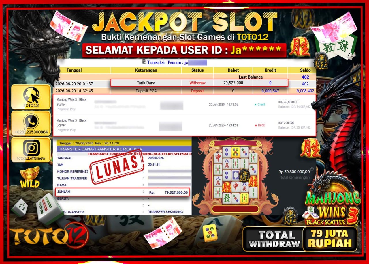 HANYA DI TOTO12 JP PASTI DI BAYAR LUNAS DAN CEPAT!!!!!! JACKPOT SLOT GAME (MAHJONG WINS 3 BLACK SCATTER) Rp79.527.000!!!!