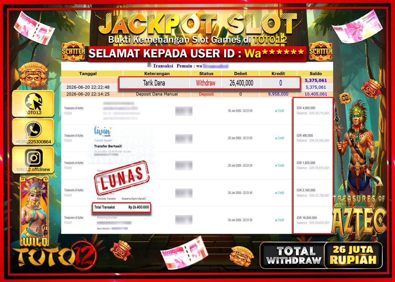 HANYA DI TOTO12 JP PASTI DI BAYAR LUNAS DAN CEPAT!!!!!! JACKPOT SLOT GAME (TREASURE AZTEC) Rp26.400.000!!!!