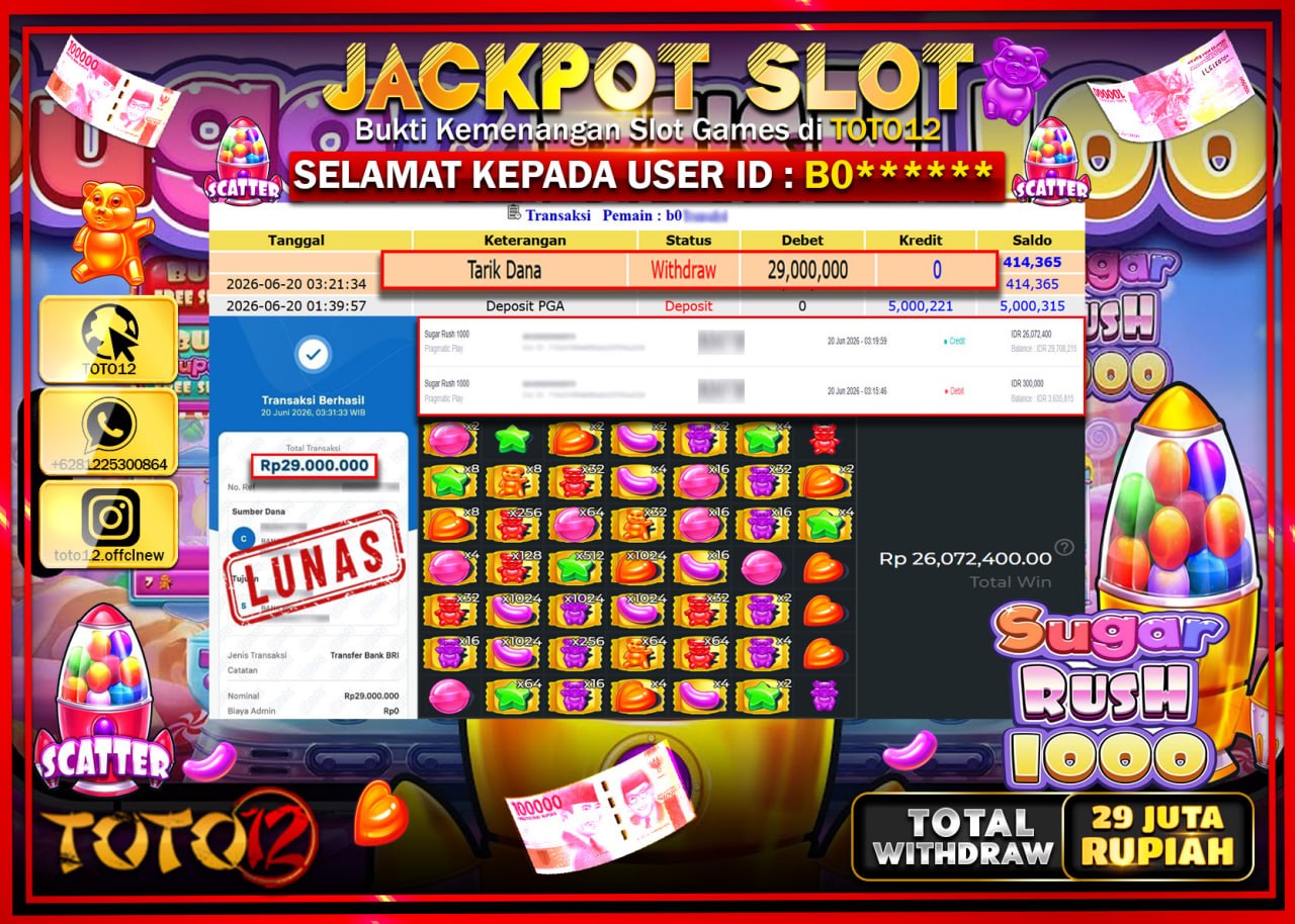HANYA DI TOTO12 JP PASTI DI BAYAR LUNAS DAN CEPAT!!!!!! JACKPOT SLOT GAME (SUGAR RUSH 1000) Rp29.000.000!!!!