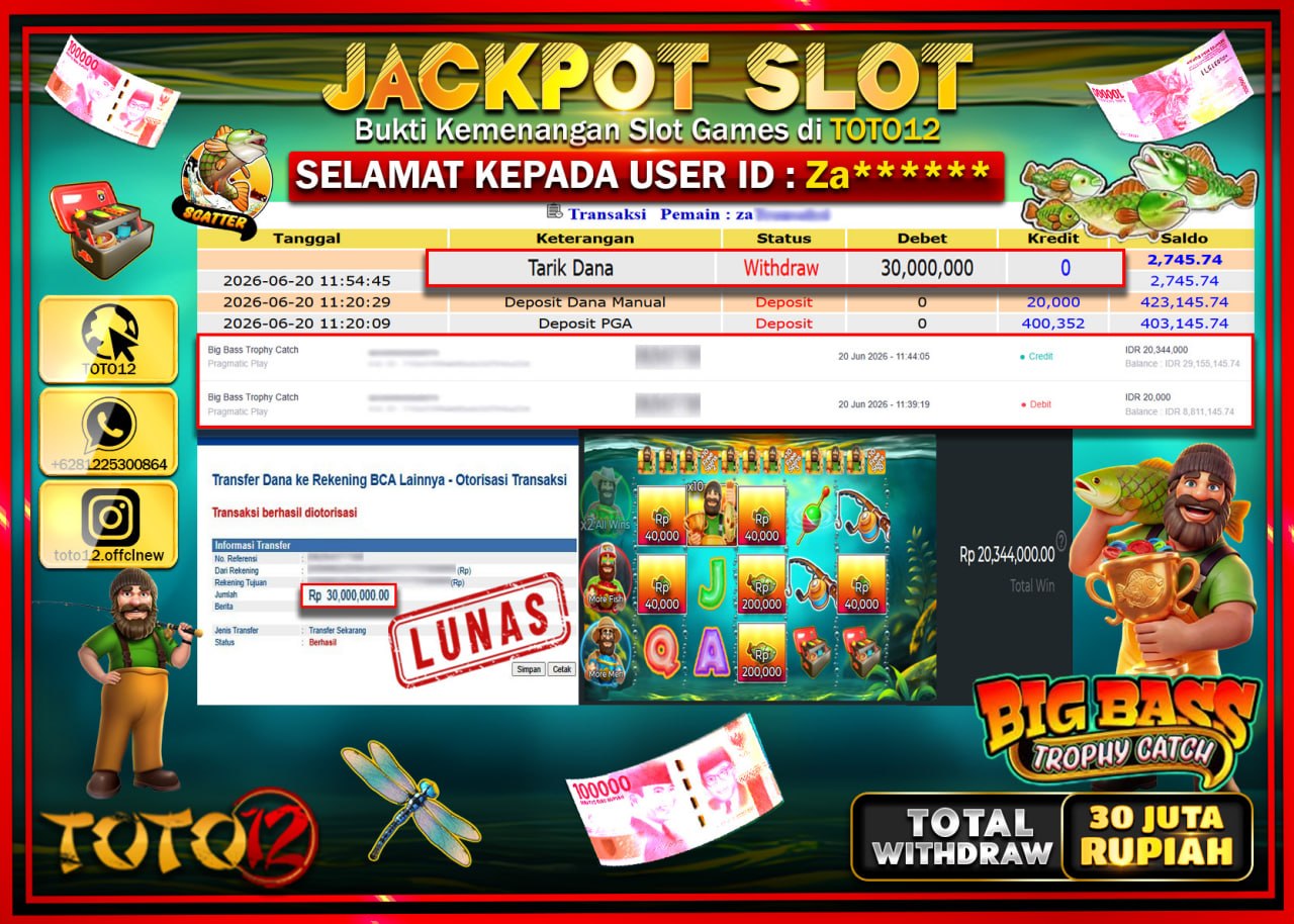 HANYA DI TOTO12 JP PASTI DI BAYAR LUNAS DAN CEPAT!!!!!! JACKPOT SLOT GAME (BIG BASS TROPHY CATCH) Rp30.000.000!!!!