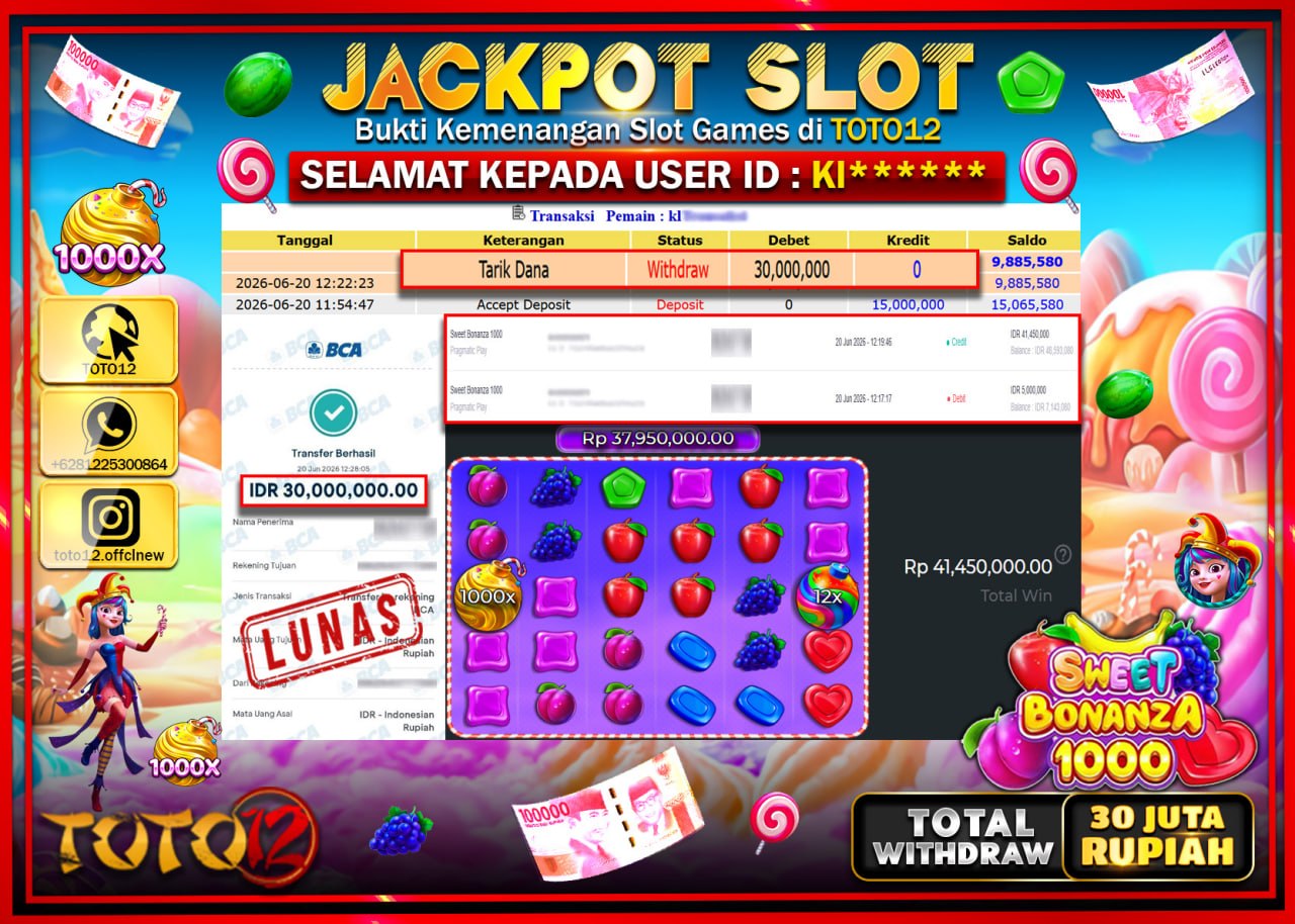 HANYA DI TOTO12 JP PASTI DI BAYAR LUNAS DAN CEPAT!!!!!! JACKPOT SLOT GAME (SWEET BONANZA 1000) Rp30.000.000!!!!