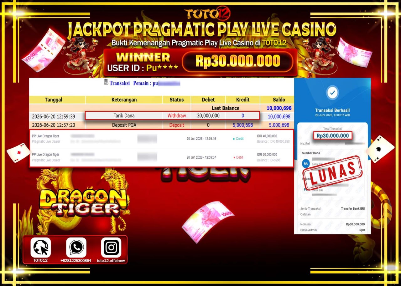 HANYA DI TOTO12 JP PASTI DI BAYAR LUNAS DAN CEPAT!!!!!! JACKPOT PRAGMATIC PLAY LIVE GAME CASINO (PP LIVE DRAGON TIGER) Rp30.000.000!!!!