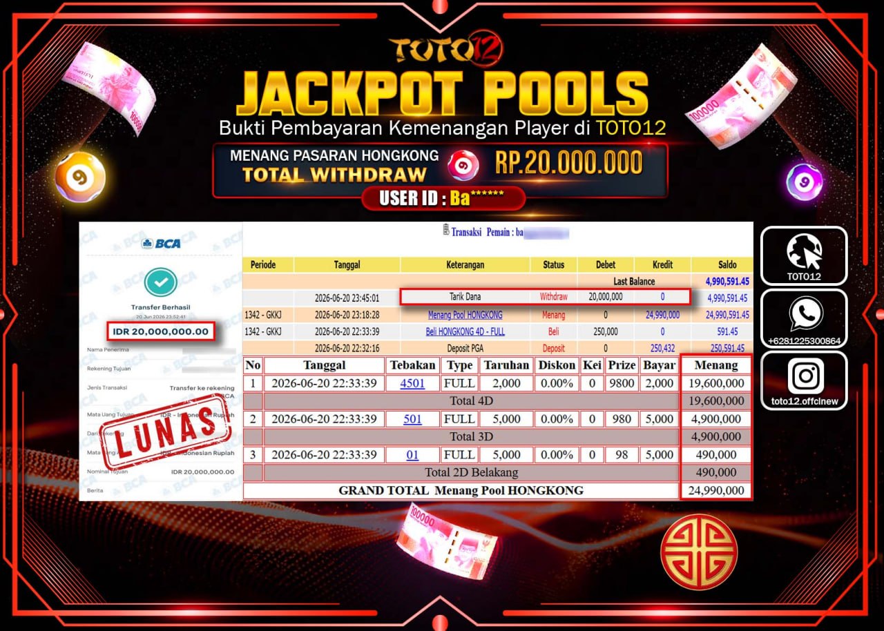HANYA DI TOTO12 JP PASTI DI BAYAR LUNAS DAN CEPAT!!!!!! JACKPOT POOLS PASARAN (HONGKONG) Rp20.000.000!!!!