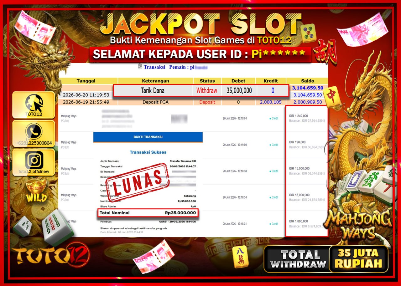 HANYA DI TOTO12 JP PASTI DI BAYAR LUNAS DAN CEPAT!!!!!! JACKPOT SLOT GAME (MAHJONG WAYS) Rp35.000.000!!!!