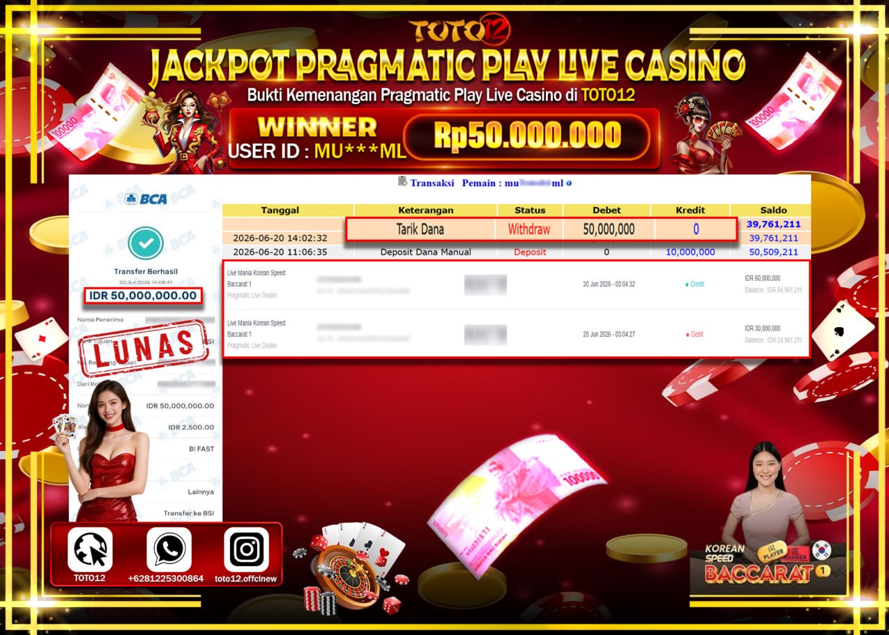 HANYA DI TOTO12 JP PASTI DI BAYAR LUNAS DAN CEPAT!!!!!! JACKPOT PRAGMATIC PLAY LIVE GAME CASINO (LIVE MANIA KOREAN SPEED BACCARAT 1) Rp50.000.000!!!!