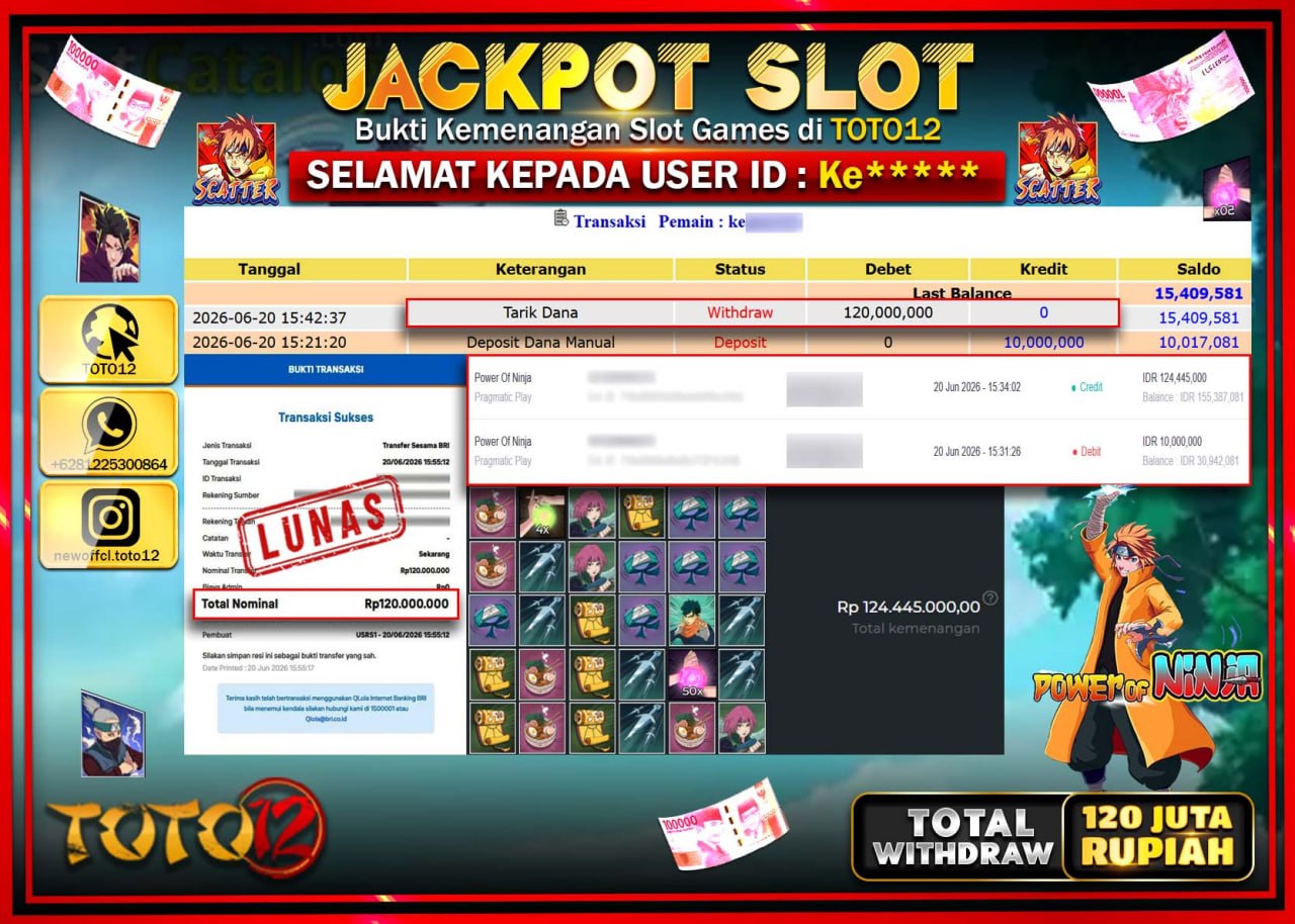 HANYA DI TOTO12 JP PASTI DI BAYAR LUNAS DAN CEPAT!!!!!! JACKPOT SLOT GAME (POWER OF NINJA) Rp120.000.000!!!!