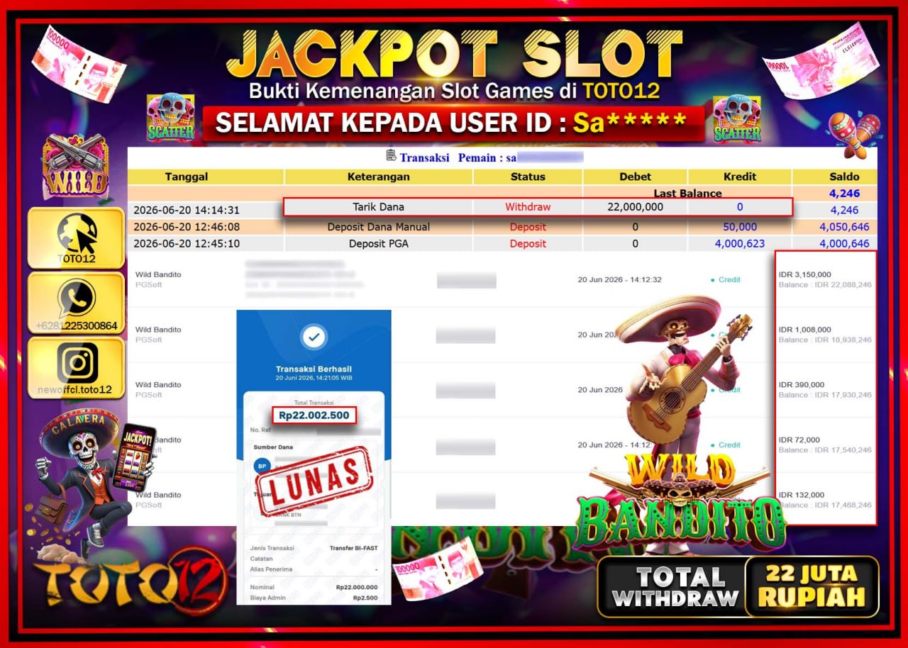 HANYA DI TOTO12 JP PASTI DI BAYAR LUNAS DAN CEPAT!!!!!! JACKPOT SLOT GAME (WILD BANDITO) Rp22.000.000!!!!