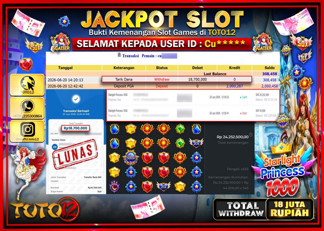 HANYA DI TOTO12 JP PASTI DI BAYAR LUNAS DAN CEPAT!!!!!! JACKPOT SLOT GAME (STARLIGHT PRINCESS 1000) Rp18.700.000!!!!