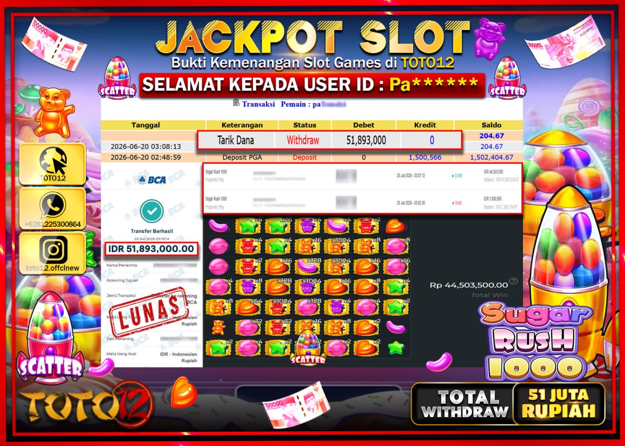 HANYA DI TOTO12 JP PASTI DI BAYAR LUNAS DAN CEPAT!!!!!! JACKPOT SLOT GAME (SUGAR RUSH 1000) Rp51.893.000!!!!