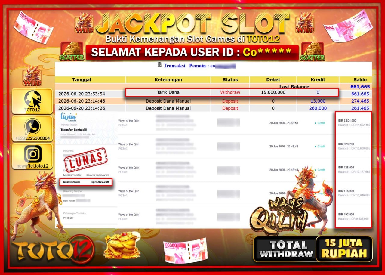 HANYA DI TOTO12 JP PASTI DI BAYAR LUNAS DAN CEPAT!!!!!! JACKPOT SLOT GAME (WAYS OF THE QILIN) Rp15.000.000!!!!