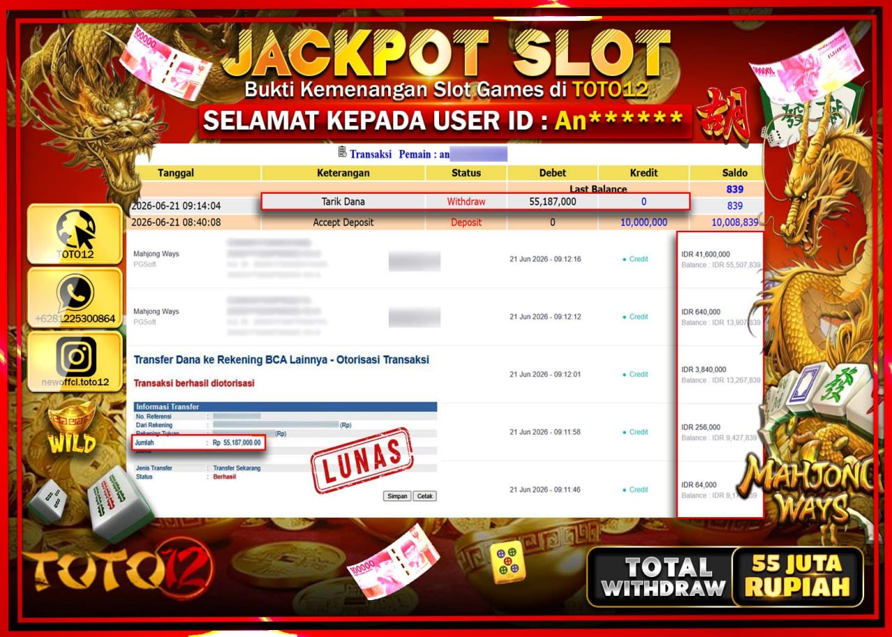 HANYA DI TOTO12 JP PASTI DI BAYAR LUNAS DAN CEPAT!!!!!! JACKPOT SLOT GAME (MAHJONG WAYS) Rp55.187.000!!!!