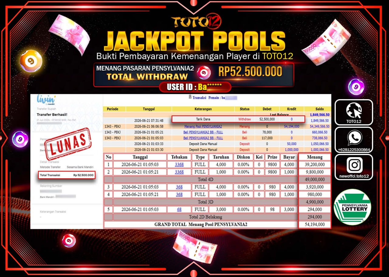 HANYA DI TOTO12 JP PASTI DI BAYAR LUNAS DAN CEPAT!!!!!! JACKPOT POOLS PASARAN (PENSYLVANIA2) Rp52.500.000!!!!