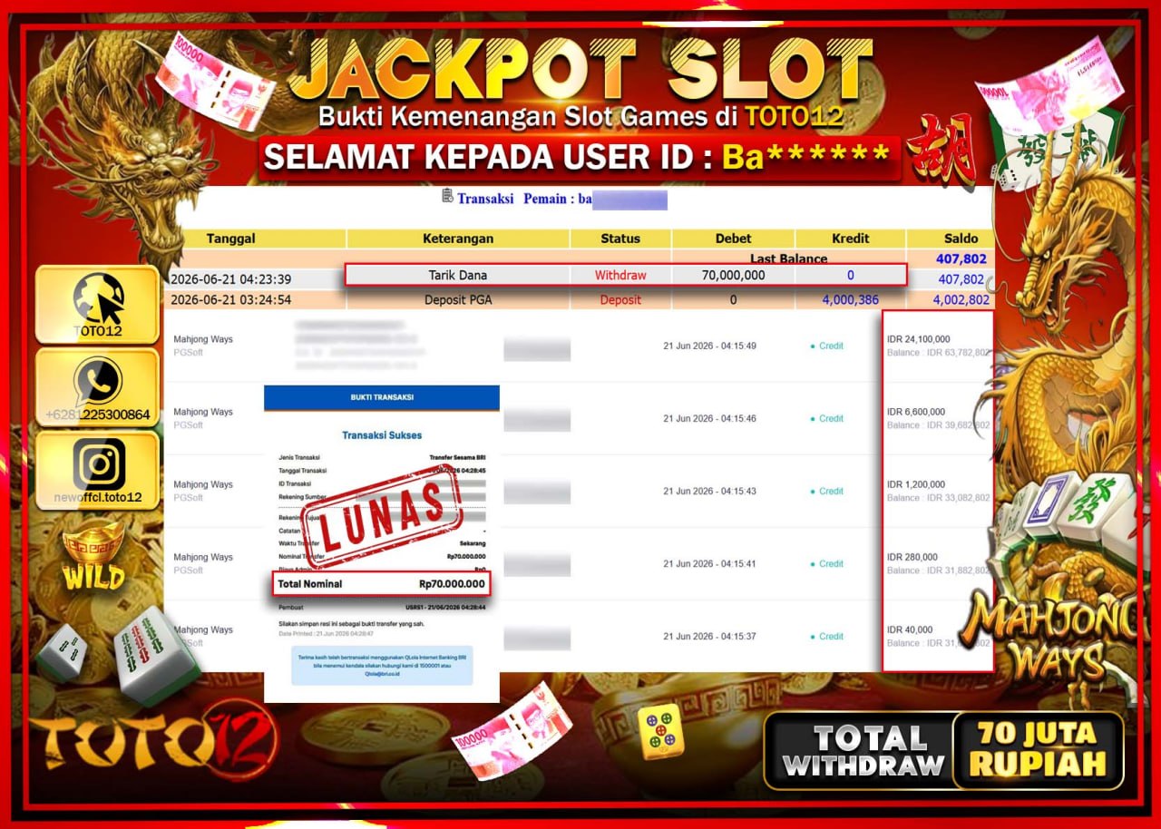 HANYA DI TOTO12 JP PASTI DI BAYAR LUNAS DAN CEPAT!!!!!! JACKPOT SLOT GAME (MAHJONG WAYS) Rp70.000.000!!!!