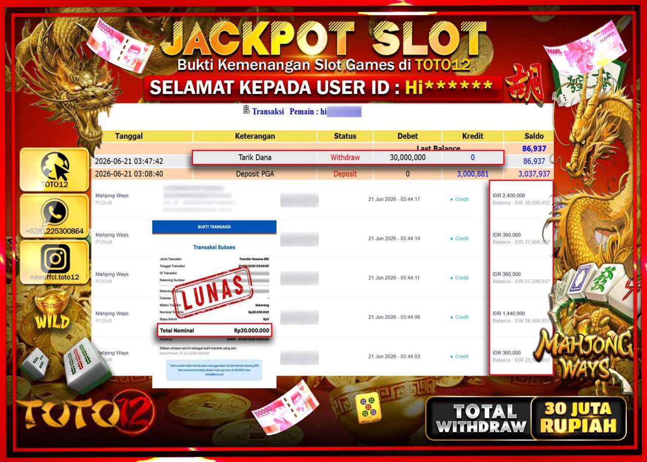 HANYA DI TOTO12 JP PASTI DI BAYAR LUNAS DAN CEPAT!!!!!! JACKPOT SLOT GAME (MAHJONG WAYS) Rp30.000.000!!!!