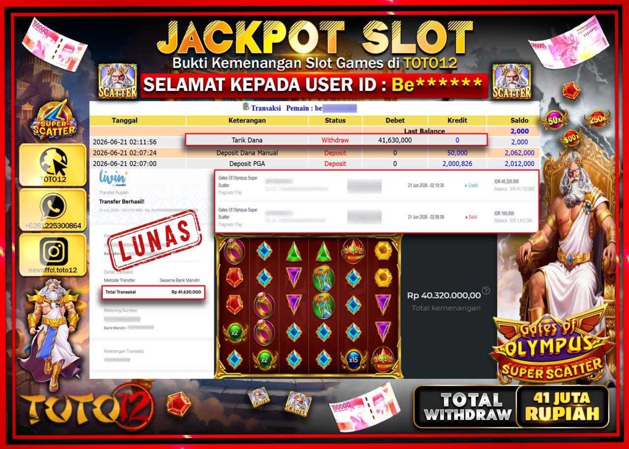HANYA DI BOLACUAN JP PASTI DI BAYAR LUNAS DAN CEPAT!!!!!! JACKPOT SLOT GAME (GATES OF OLYMPUS SUPER SCATTER) Rp.41.630.000!!!!