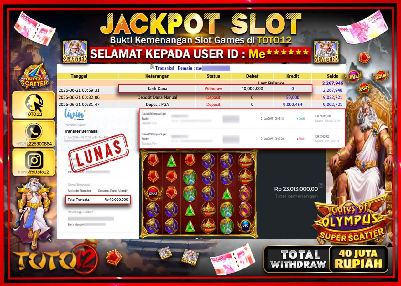 HANYA DI TOTO12 JP PASTI DI BAYAR LUNAS DAN CEPAT!!!!!! JACKPOT SLOT GAME (GATES OF OLYMPUS SUPER SCATTER) Rp40.000.000!!!!