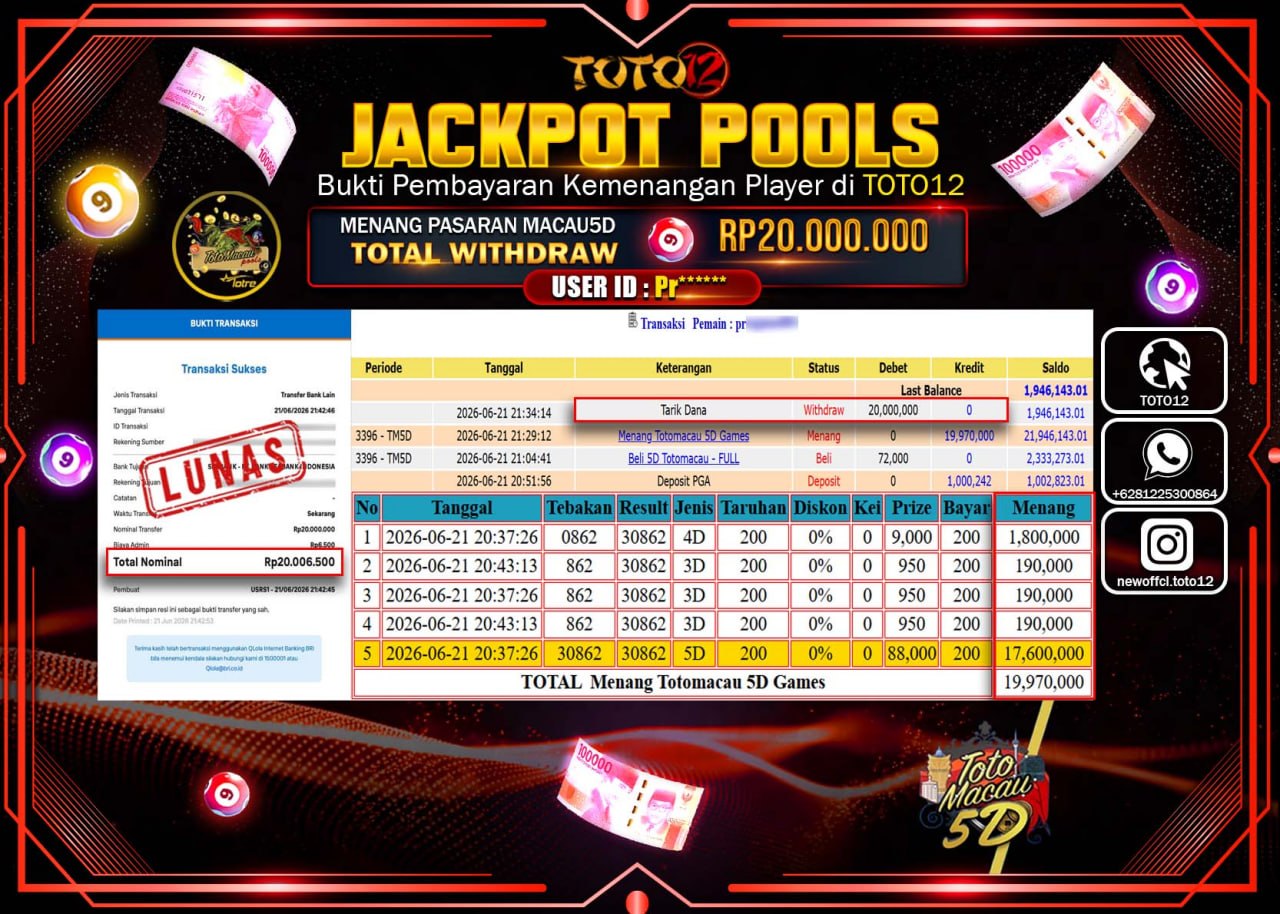 HANYA DI TOTO12 JP PASTI DI BAYAR LUNAS DAN CEPAT!!!!!! JACKPOT POOLS PASARAN (MACAU 5D) Rp20.000.000!!!!