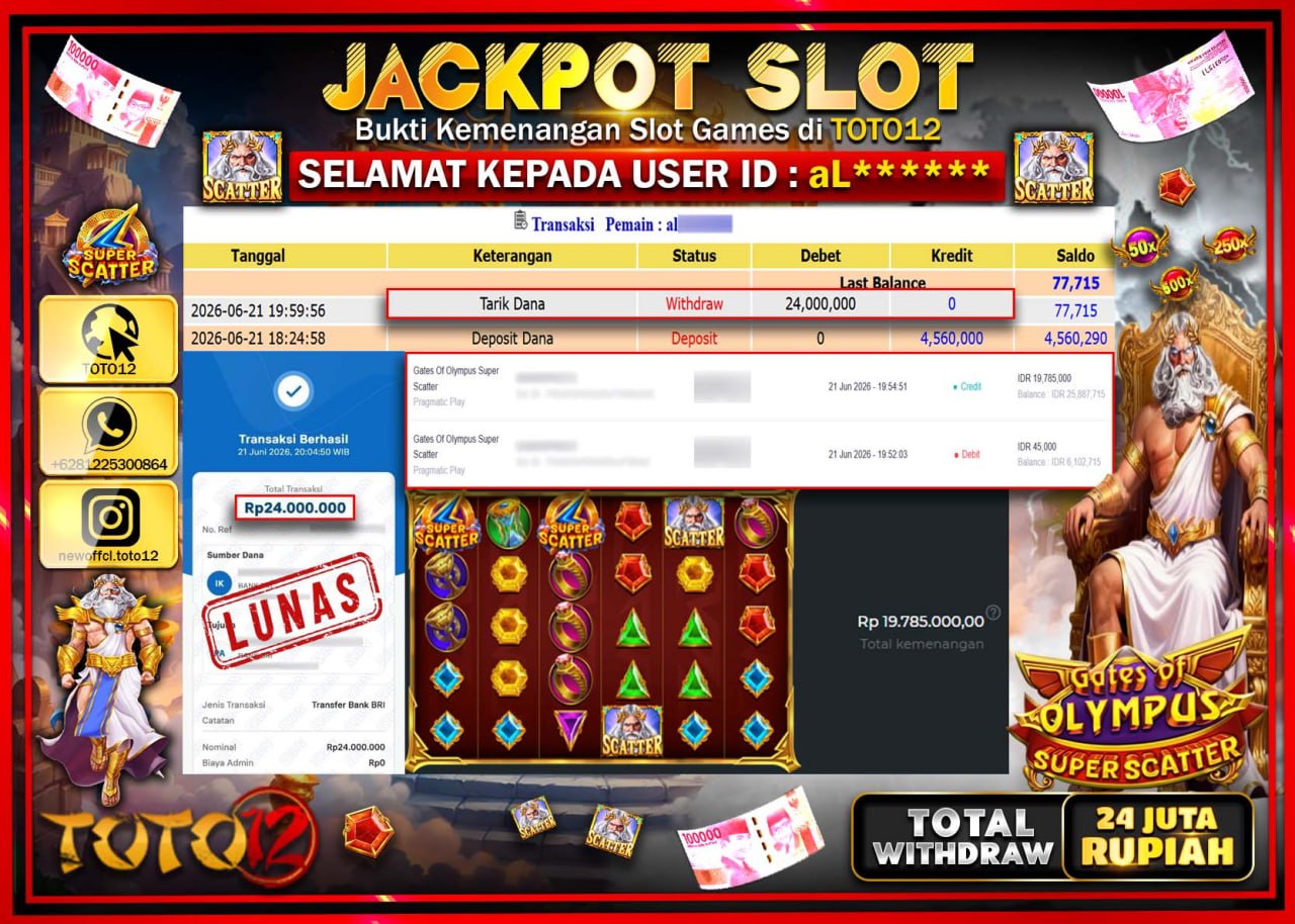 HANYA DI TOTO12 JP PASTI DI BAYAR LUNAS DAN CEPAT!!!!!! JACKPOT SLOT GAME (GATES OF OLYMPUS SUPER SCATTER) Rp24.000.000!!!!