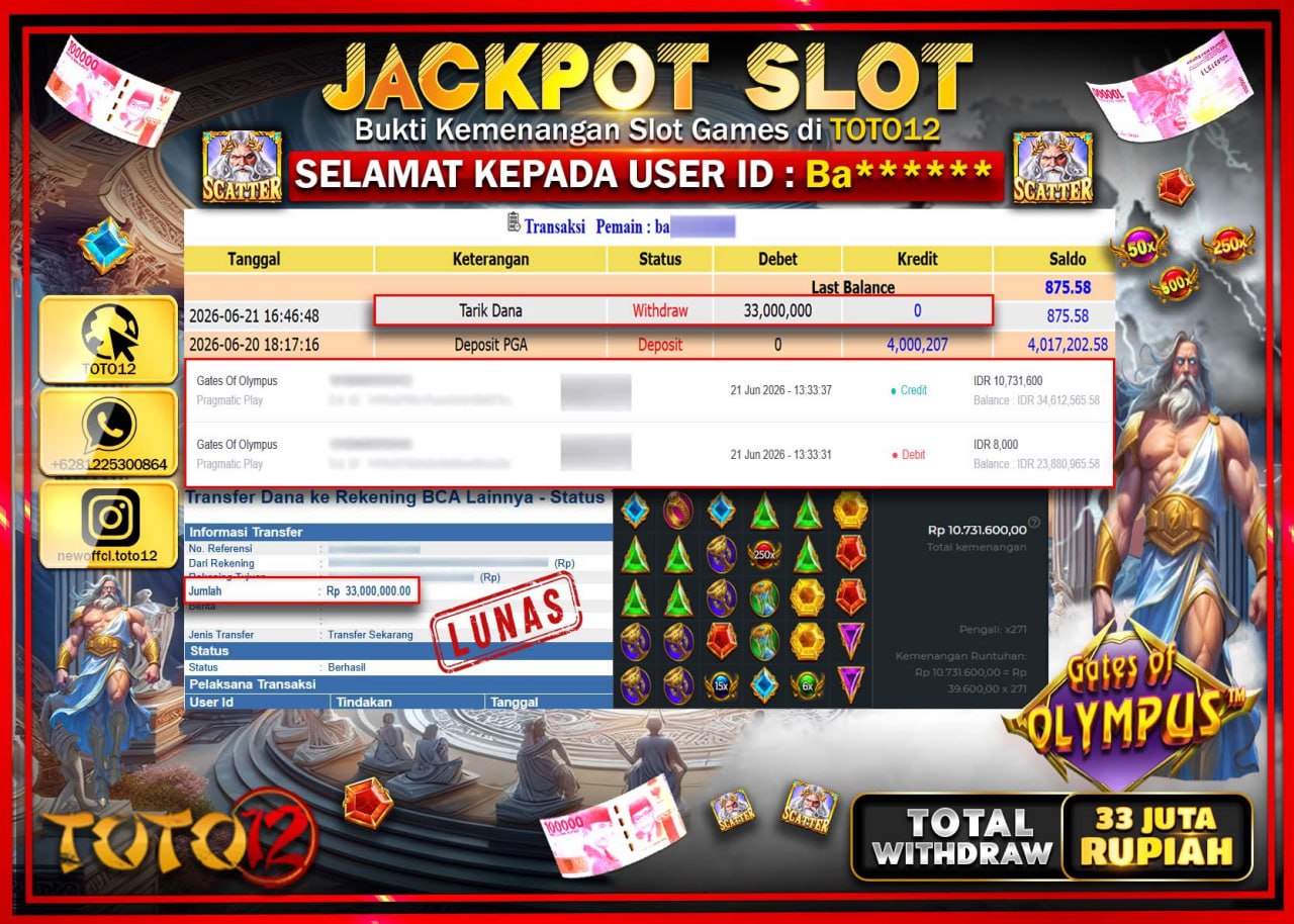 HANYA DI TOTO12 JP PASTI DI BAYAR LUNAS DAN CEPAT!!!!!! JACKPOT SLOT GAME (GATES OF OLYMPUS) Rp33.000.000!!!!