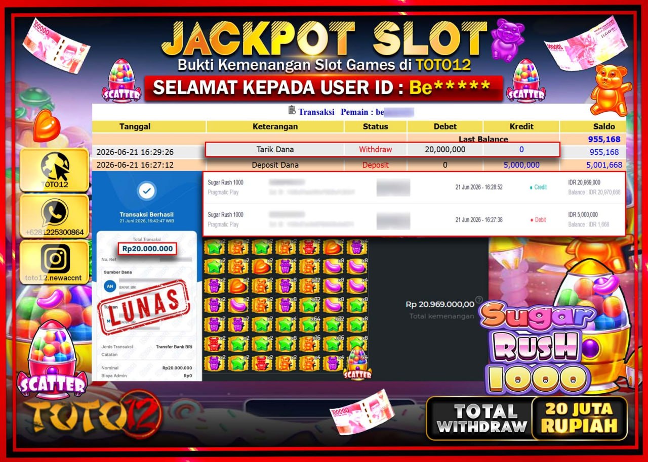 HANYA DI TOTO12 JP PASTI DI BAYAR LUNAS DAN CEPAT!!!!!! JACKPOT SLOT GAME (SUGAR RUSH 1000) Rp20.000.000!!!!