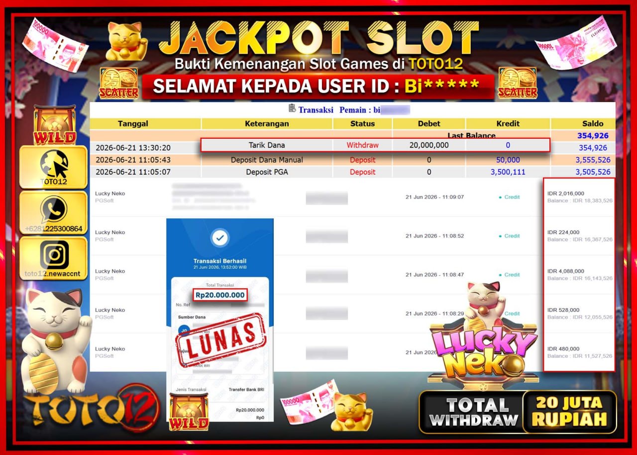 HANYA DI TOTO12 JP PASTI DI BAYAR LUNAS DAN CEPAT!!!!!! JACKPOT SLOT GAME (LUCKY NEKO) Rp20.000.000!!!!