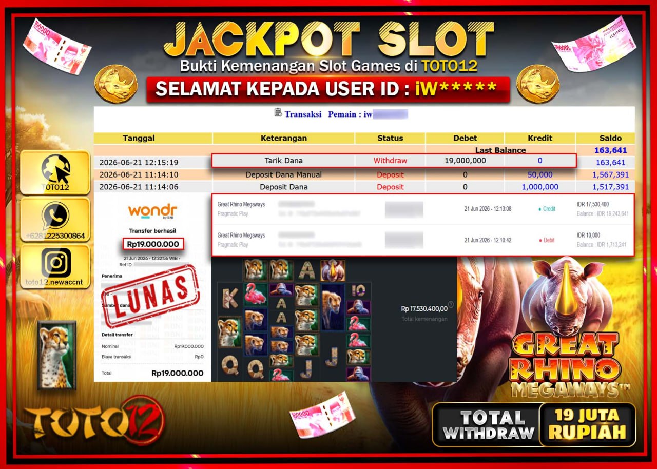 HANYA DI TOTO12 JP PASTI DI BAYAR LUNAS DAN CEPAT!!!!!! JACKPOT SLOT GAME (GREAT RHINO MEGAWAYS) Rp19.000.000!!!!