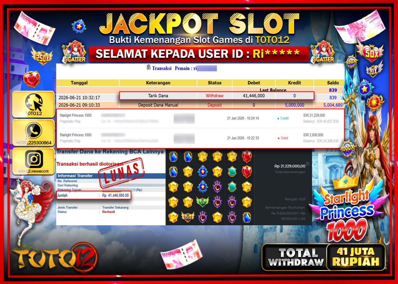 HANYA DI TOTO12 JP PASTI DI BAYAR LUNAS DAN CEPAT!!!!!! JACKPOT SLOT GAME (STARLIGHT PRINCESS 1000) Rp41.446.000!!!!