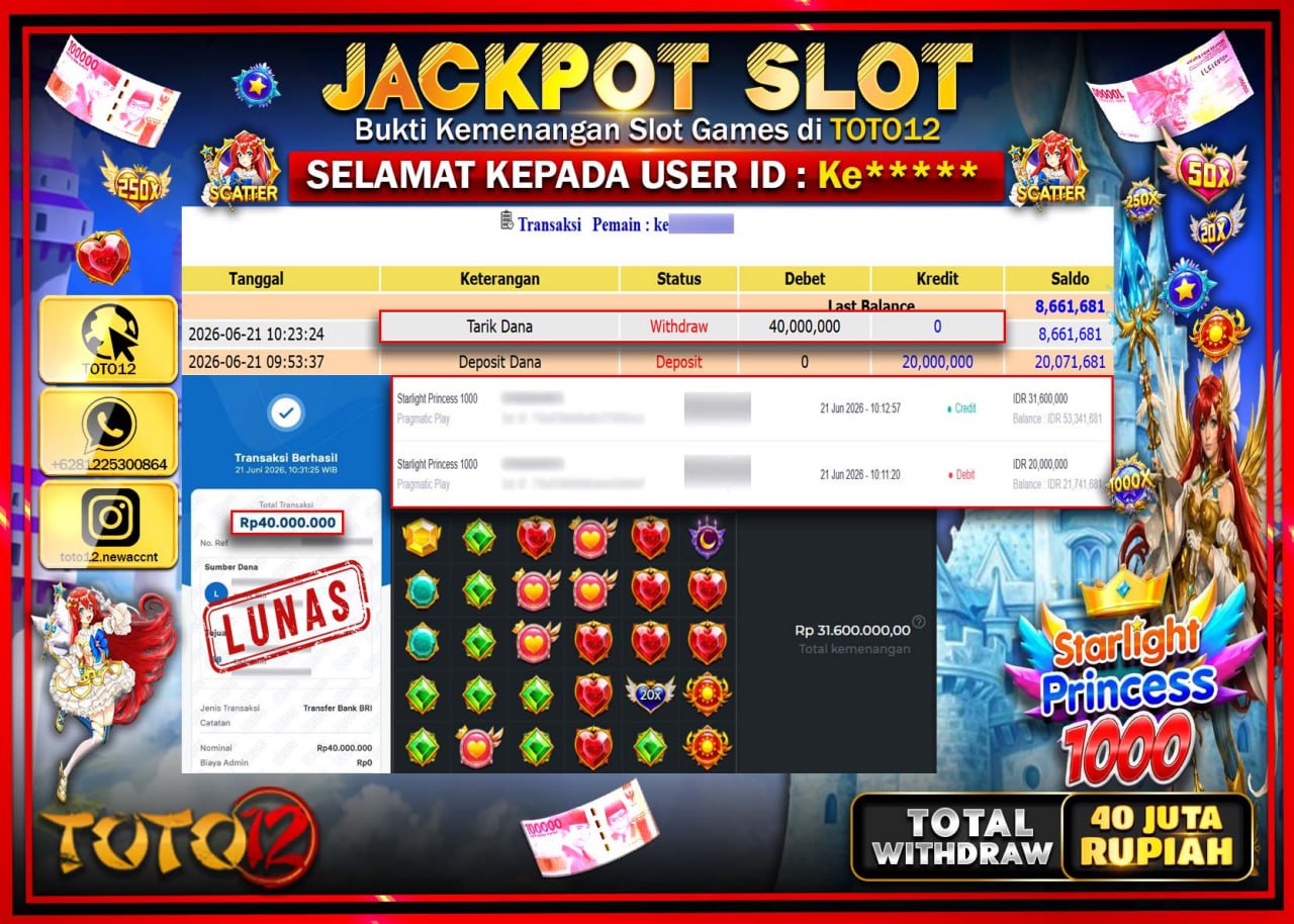 HANYA DI TOTO12 JP PASTI DI BAYAR LUNAS DAN CEPAT!!!!!! JACKPOT SLOT GAME (STARLIGHT PRINCESS 1000) Rp40.000.000!!!!