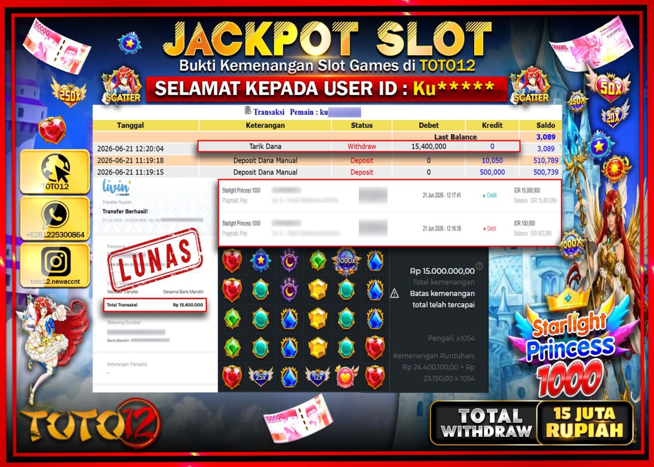 HANYA DI TOTO12 JP PASTI DI BAYAR LUNAS DAN CEPAT!!!!!! JACKPOT SLOT GAME (STARLIGHT PRINCESS 1000) Rp15.400.000!!!!