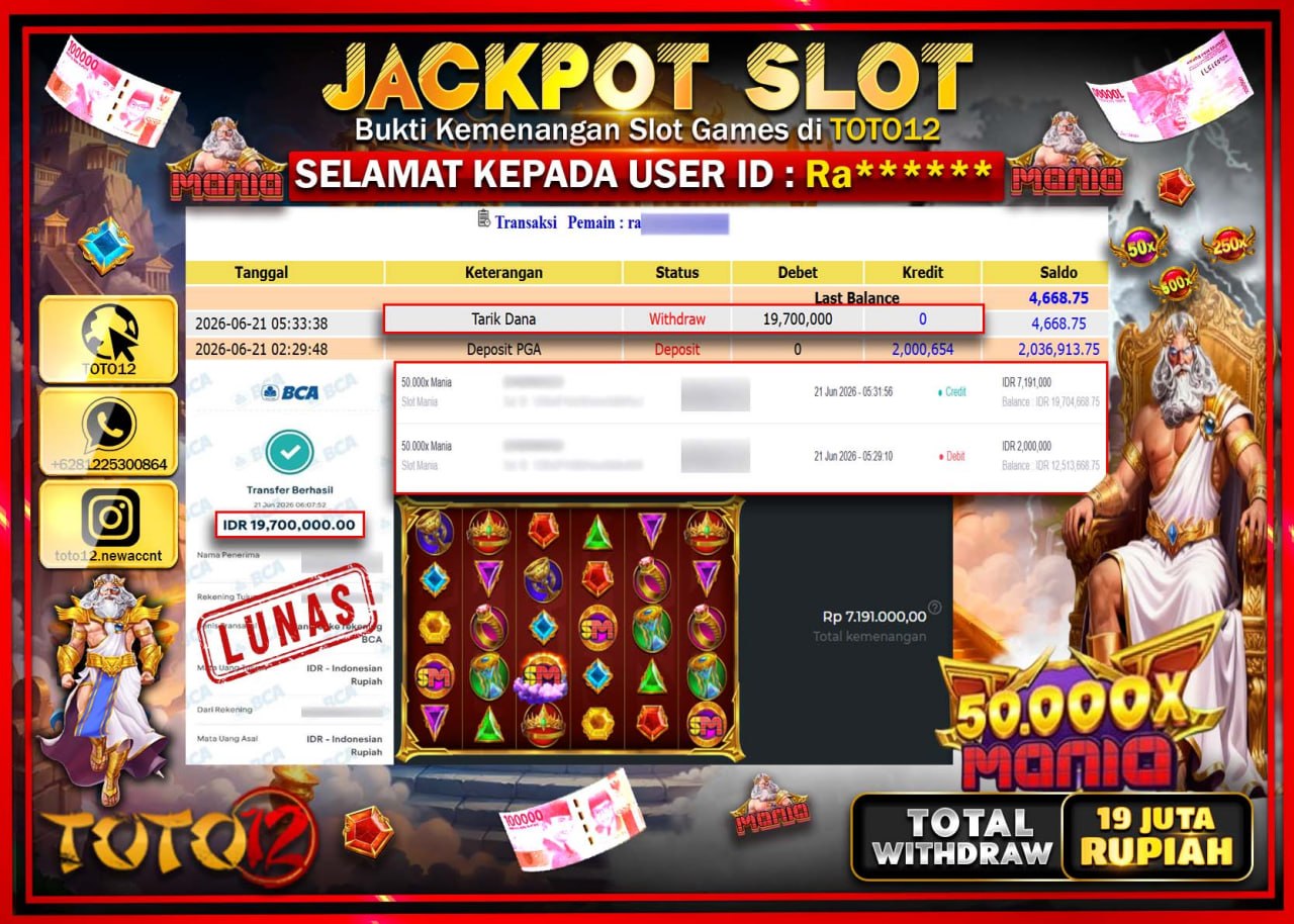 HANYA DI TOTO12 JP PASTI DI BAYAR LUNAS DAN CEPAT!!!!!! JACKPOT SLOT GAME (50.000 X MANIA) Rp19.700.000!!!!