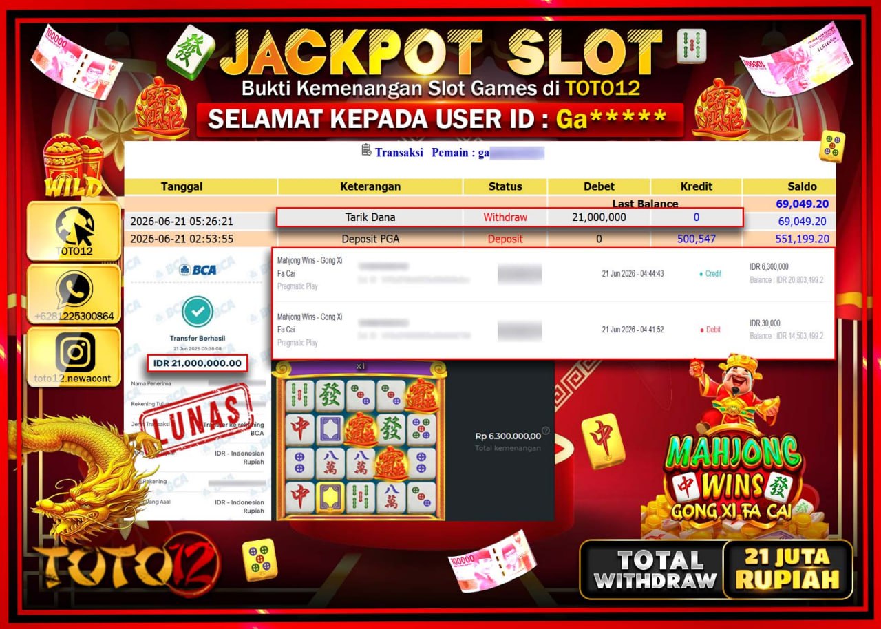 HANYA DI TOTO12 JP PASTI DI BAYAR LUNAS DAN CEPAT!!!!!! JACKPOT SLOT GAME (MAHJONG WAYS GONG XI FA CAI) Rp21.000.000!!!!