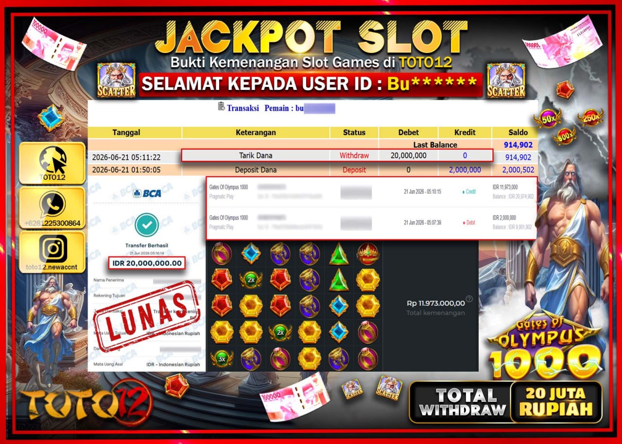 HANYA DI TOTO12 JP PASTI DI BAYAR LUNAS DAN CEPAT!!!!!! JACKPOT SLOT GAME (GATES OF OLYMPUS 1000) Rp20.000.000!!!!