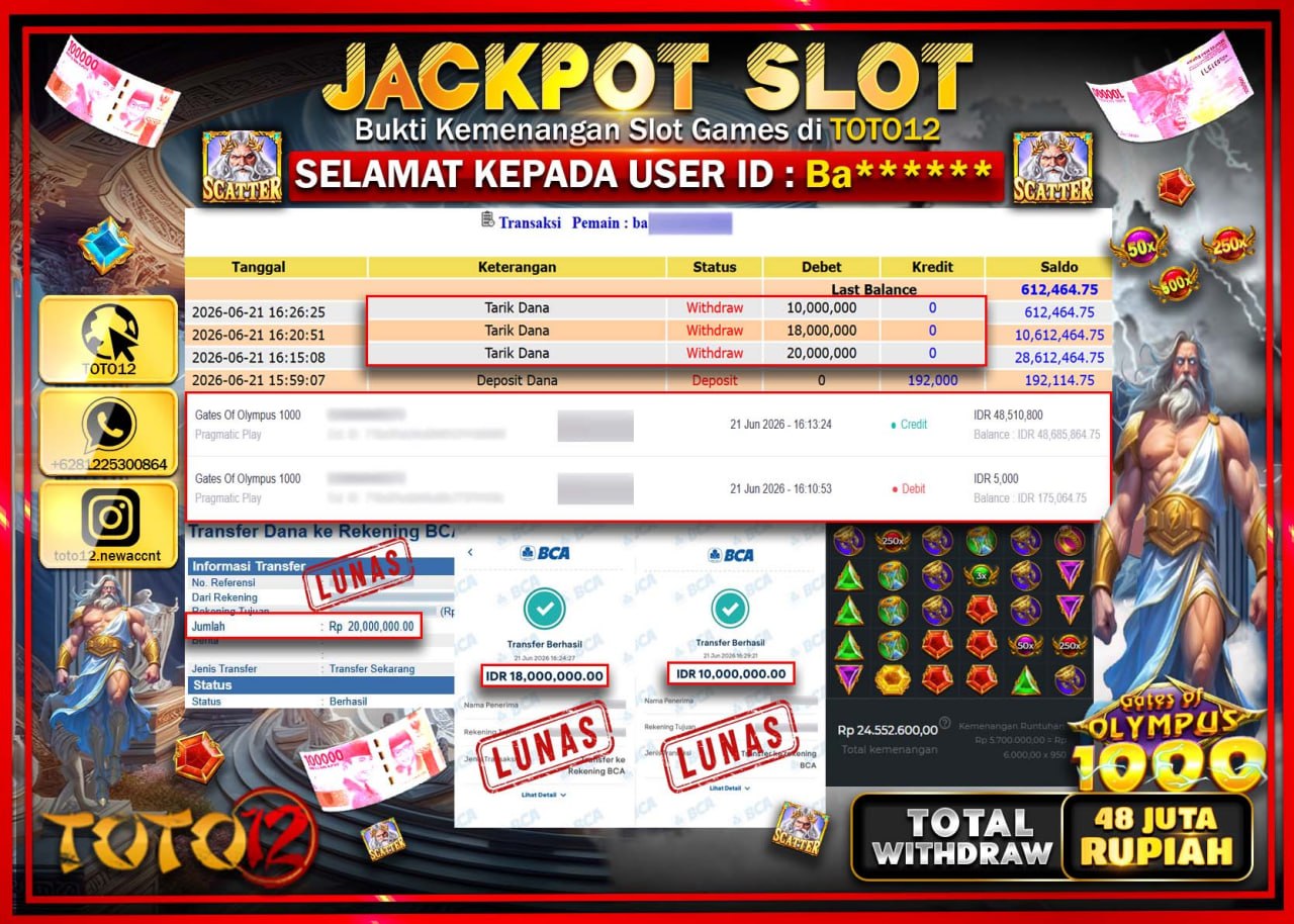 HANYA DI TOTO12 JP PASTI DI BAYAR LUNAS DAN CEPAT!!!!!! JACKPOT SLOT GAME (GATES OF OLYMPUS 1000) Rp48.000.000!!!!