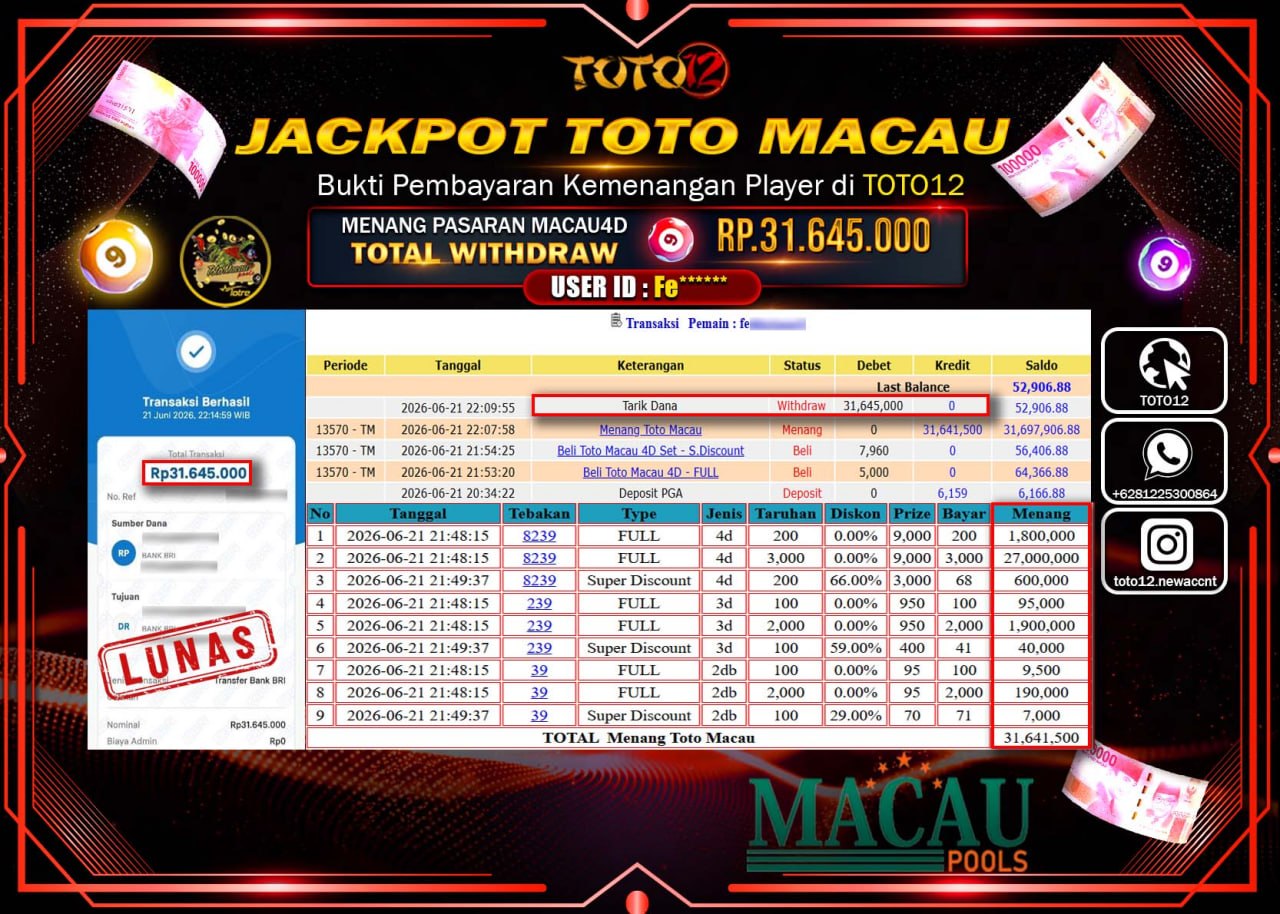 HANYA DI TOTO12 JP PASTI DI BAYAR LUNAS DAN CEPAT!!!!!! JACKPOT POOLS PASARAN (MACAU 4D) Rp31.645.000!!!!