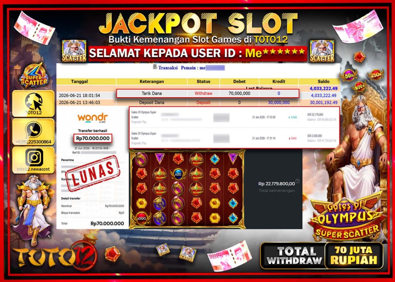 HANYA DI TOTO12 JP PASTI DI BAYAR LUNAS DAN CEPAT!!!!!! JACKPOT SLOT GAME (GATES OF OLYMPUS SUPER SCATTER) Rp70.000.000!!!!