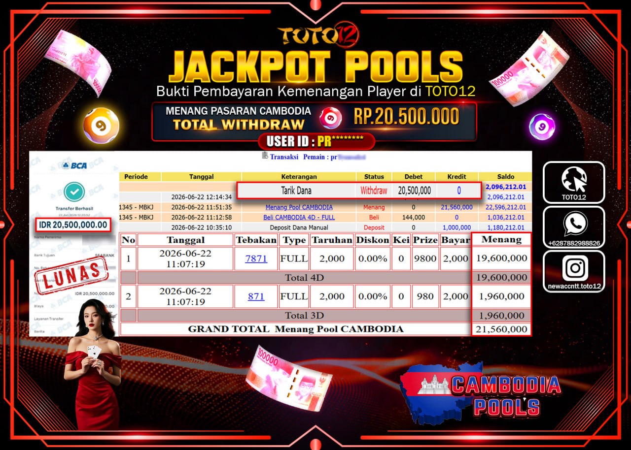 HANYA DI TOTO12 JP PASTI DI BAYAR LUNAS DAN CEPAT!!!!!! JACKPOT POOLS PASARAN (CAMBODIA) Rp20.500.000!!!!