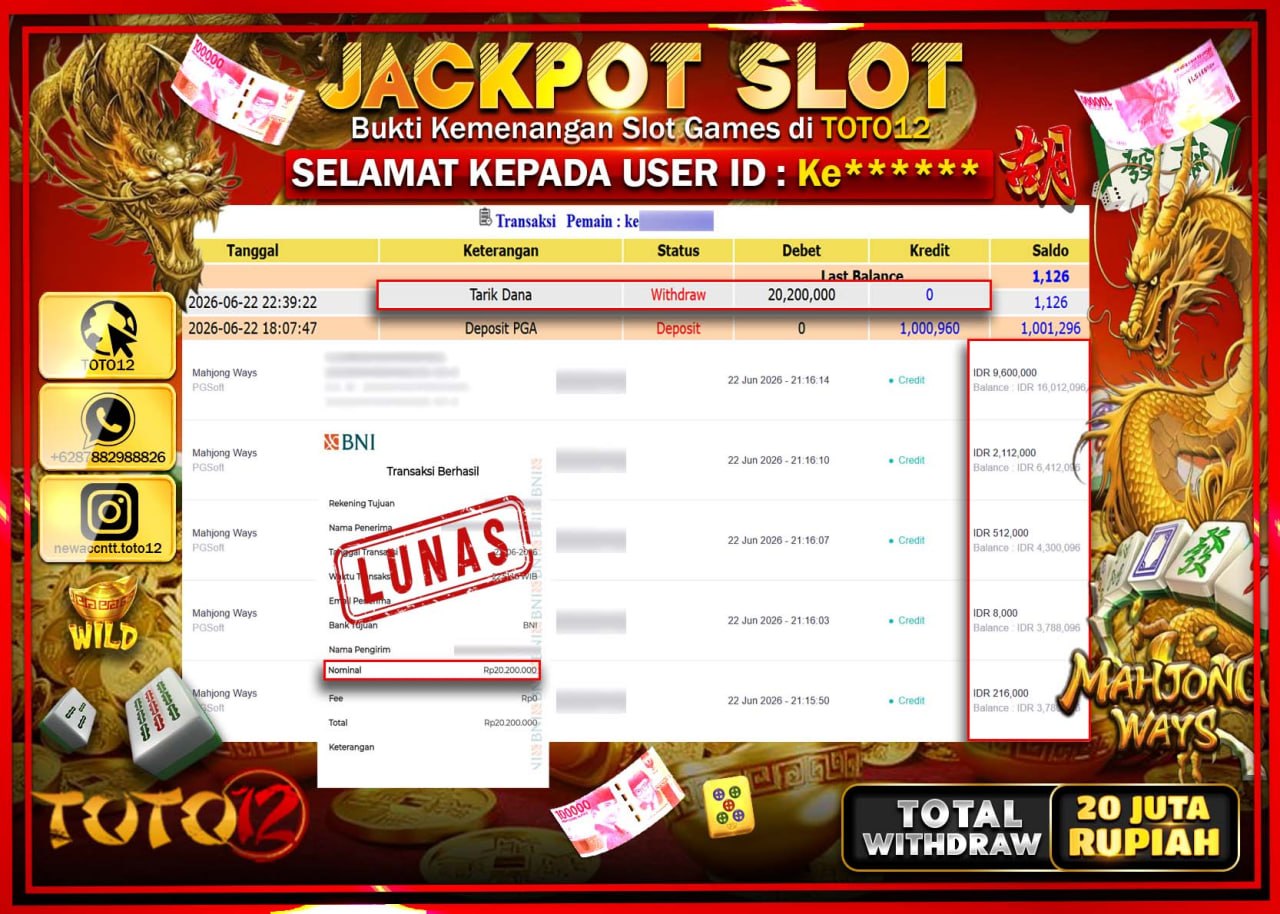 HANYA DI TOTO12 JP PASTI DI BAYAR LUNAS DAN CEPAT!!!!!! JACKPOT SLOT GAME (MAHJONG WAYS) Rp20.200.000!!!!
