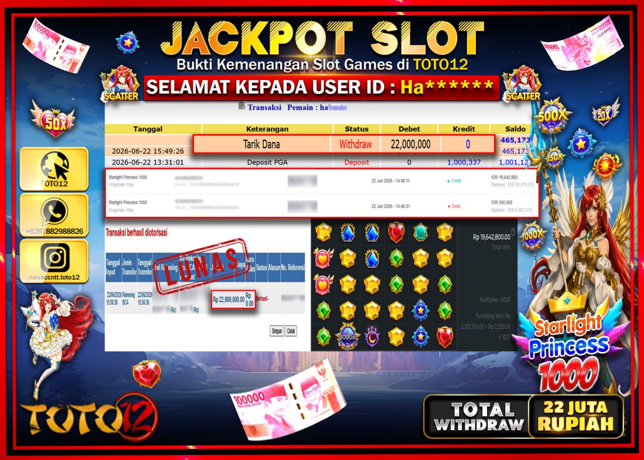 HANYA DI TOTO12 JP PASTI DI BAYAR LUNAS DAN CEPAT!!!!!! JACKPOT SLOT GAME (STARLIGHT PRINCESS 1000) Rp22.000.000!!!!