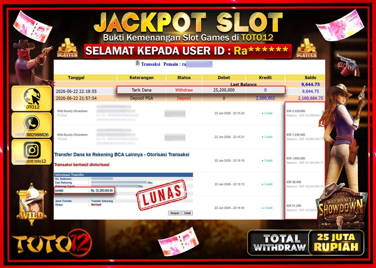 HANYA DI TOTO12 JP PASTI DI BAYAR LUNAS DAN CEPAT!!!!!! JACKPOT SLOT GAME (WILD BOUNTY SHOWDOWN) Rp25.200.000!!!!