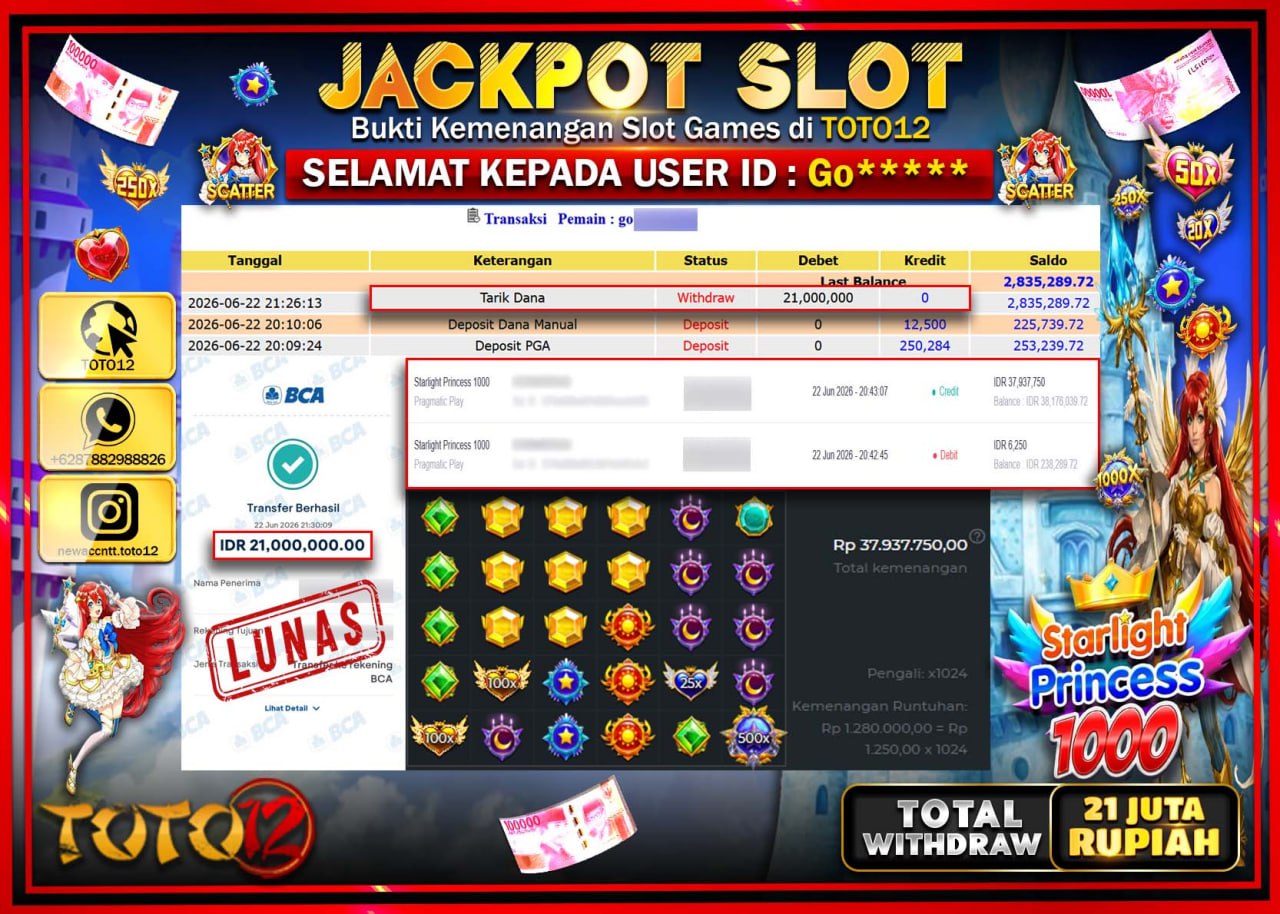 HANYA DI TOTO12 JP PASTI DI BAYAR LUNAS DAN CEPAT!!!!!! JACKPOT SLOT GAME (STARLIGHT PRINCESS 1000) Rp21.000.000!!!!