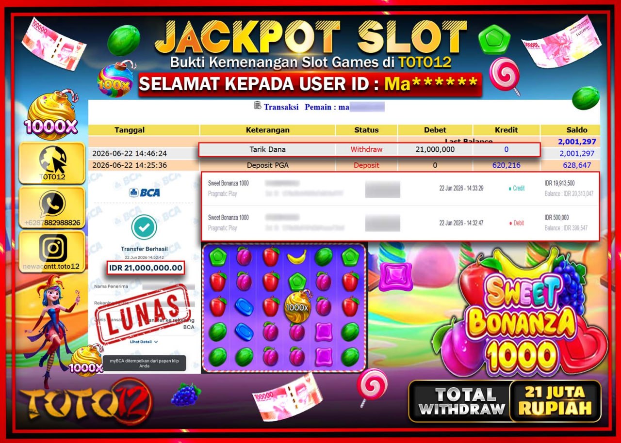 HANYA DI TOTO12 JP PASTI DI BAYAR LUNAS DAN CEPAT!!!!!! JACKPOT SLOT GAME (SWEET BONANZA 1000) Rp21.000.000!!!!