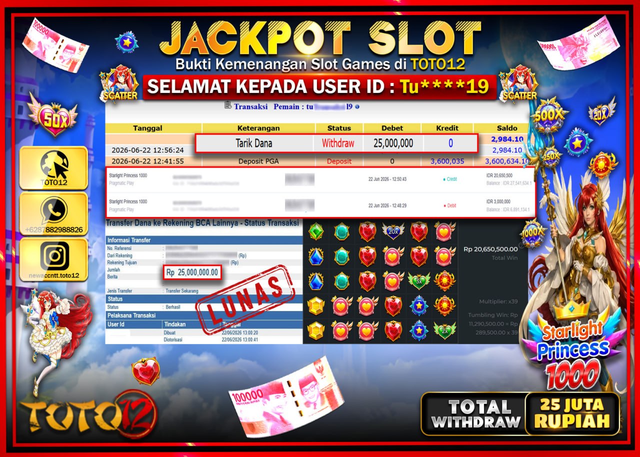 HANYA DI TOTO12 JP PASTI DI BAYAR LUNAS DAN CEPAT!!!!!! JACKPOT SLOT GAME (STARLIGHT PRINCESS 1000) Rp25.000.000!!!!