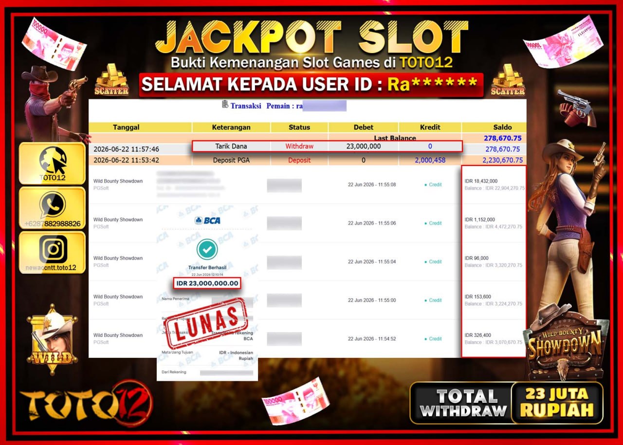 HANYA DI TOTO12 JP PASTI DI BAYAR LUNAS DAN CEPAT!!!!!! JACKPOT SLOT GAME (WILD BOUNTY SHOWDOWN) Rp23.000.000!!!!