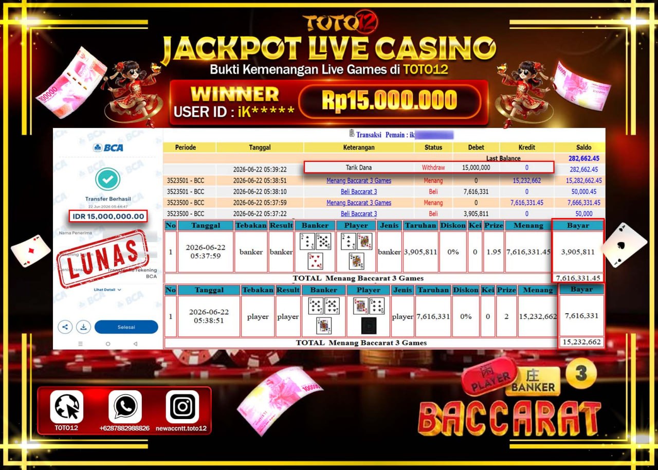 HANYA DI TOTO12 JP PASTI DI BAYAR LUNAS DAN CEPAT!!!!!! JACKPOT  LIVE GAME CASINO (BACCARAT 3) Rp15.000.000!!!!