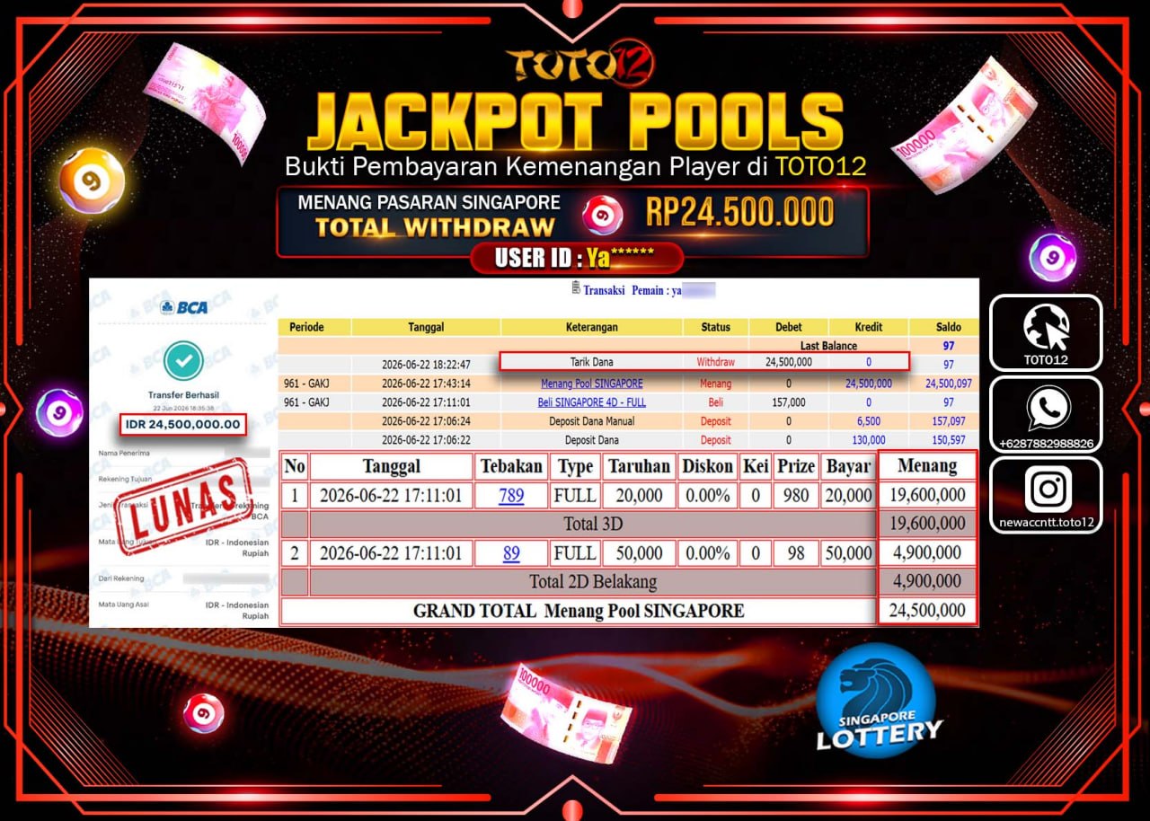 HANYA DI TOTO12 JP PASTI DI BAYAR LUNAS DAN CEPAT!!!!!! JACKPOT POOLS PASARAN (SINGAPORE) Rp24.500.000!!!!