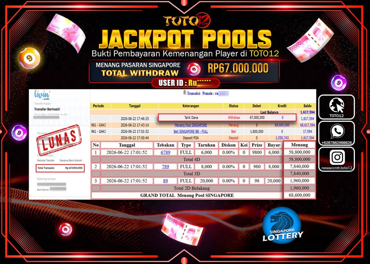 HANYA DI TOTO12 JP PASTI DI BAYAR LUNAS DAN CEPAT!!!!!! JACKPOT POOLS PASARAN (SINGAPORE) Rp67.000.000!!!!