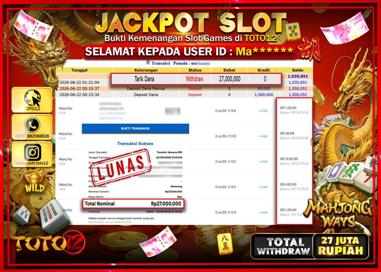 HANYA DI TOTO12 JP PASTI DI BAYAR LUNAS DAN CEPAT!!!!!! JACKPOT SLOT GAME (MAHJONG WAYS) Rp27.000.000!!!!