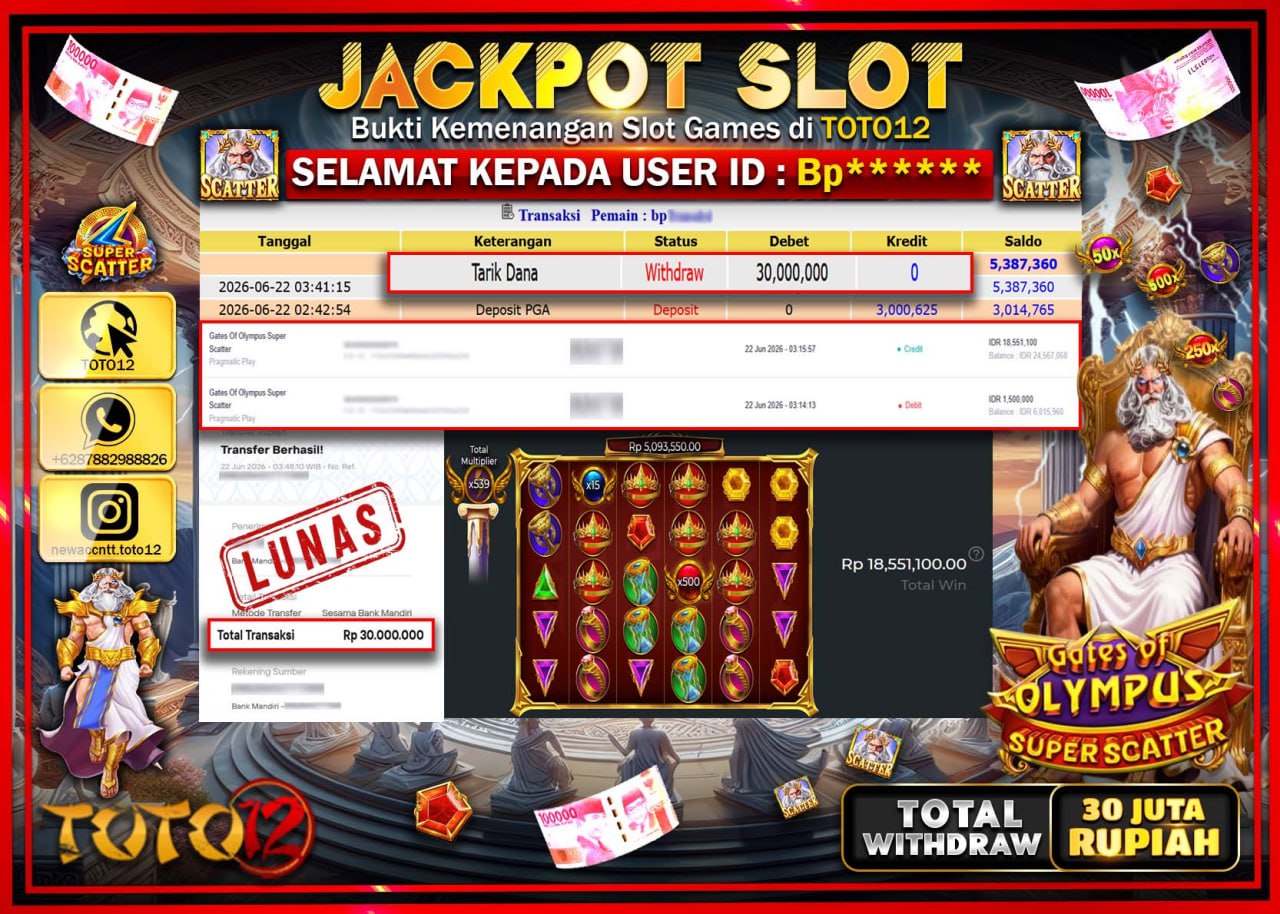 HANYA DI TOTO12 JP PASTI DI BAYAR LUNAS DAN CEPAT!!!!!! JACKPOT SLOT GAME (GATES OF OLYMPUS SUPER SCATTER) Rp30.000.000!!!!