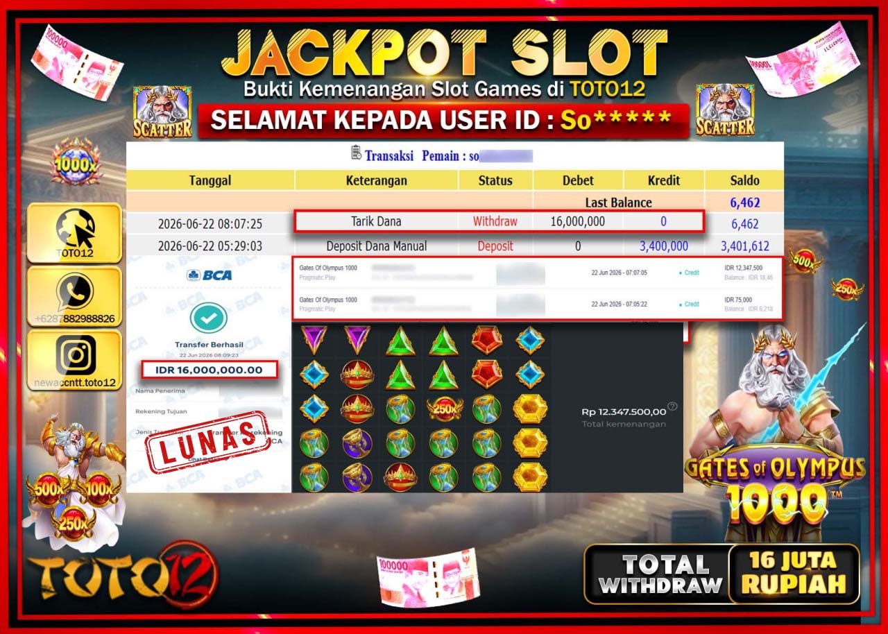 HANYA DI TOTO12 JP PASTI DI BAYAR LUNAS DAN CEPAT!!!!!! JACKPOT SLOT GAME (GATES OF OLYMPUS 1000) Rp16.000.000!!!!
